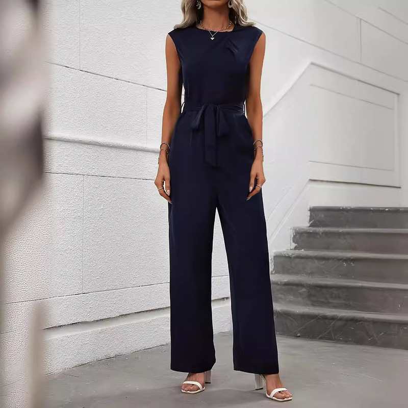 2024 European and American Amazon Cross-Border Women's Clothing Elegant Sleeveless Round Neck Waist High Waist Wide Leg Trousers Jumpsuit