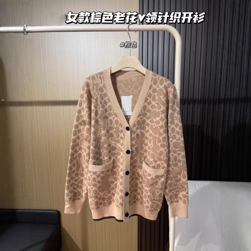 Ch Koujia 25 Autumn and Winter New Casual Versatile Brown All-Over Printed Jacquard Women's V Neck Knitted Wool Cardigan Jacket Ch Koujia 25 Autumn and Winter New Casual Versatile Brown All-Over Printed Jacquard Women's V Neck Knitted Wool Cardigan Jacket