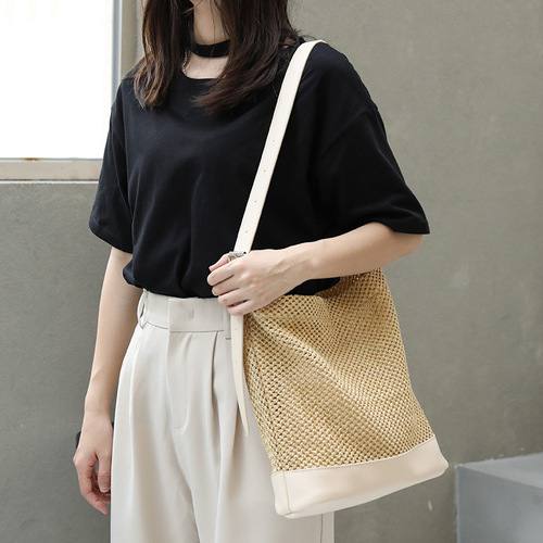 Japanese casual splicing mother-in-law bag ins new holiday beach straw bag net celebrity woven single shoulder crossbody women's bag