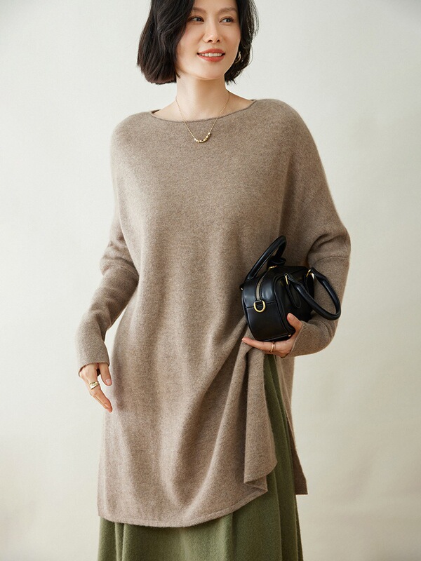2024 New Autumn and Winter Women's One-Line Collar Cashmere Sweater Side Slit Bottoming Sweater Korean Style Mid-Length Pullover Sweater 2024 New Autumn and Winter Women's One-Line Collar Cashmere Sweater Side Slit Bottoming Sweater Korean Style Mid-Length Pullover Sweater