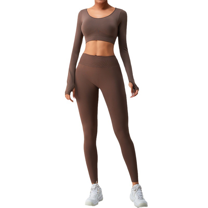 Ropa de Yoga de manga larga europea y americana transfronteriza tops de mujer espalda cruzada V cintura melocotón pantalones de yoga deportes ropa de fitness traje