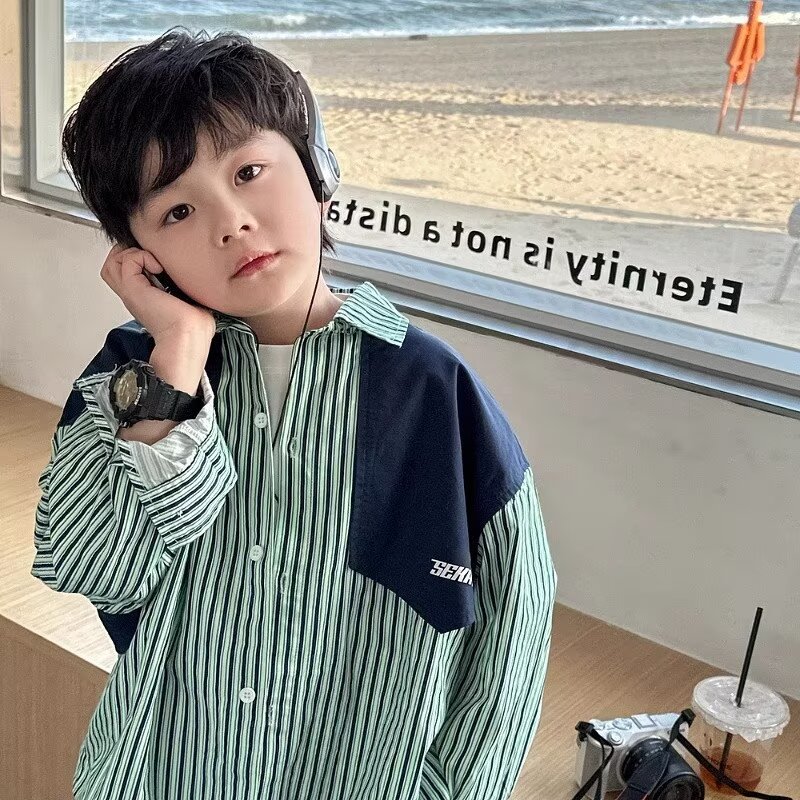 Boys' Long-sleeved Shirt Spring and Autumn New Fashion Stitching Big Boy's Summer Dress Fake Two-piece Shirt Trendy