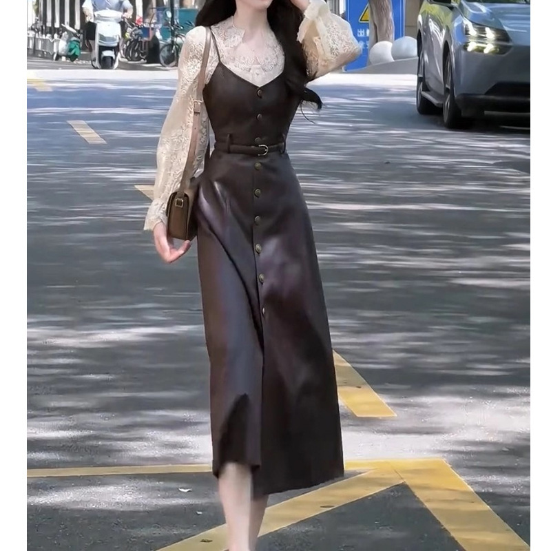2025年秋季新款法式大方得体绝美蕾丝衬衫咖色吊带连衣裙子套装女|undefined
