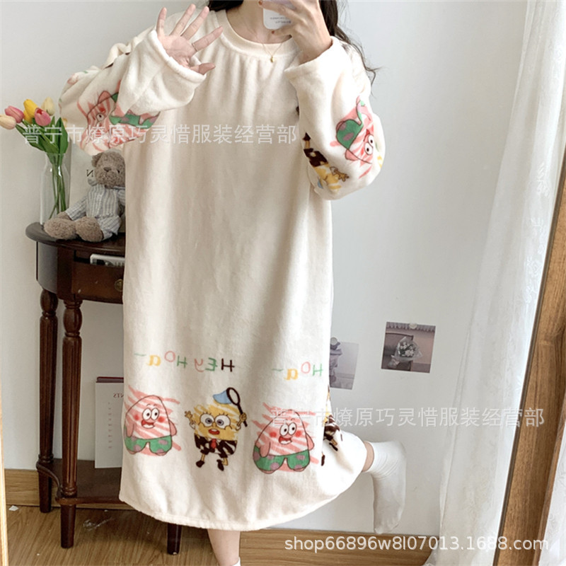Pijamas de mujeres otoño invierno de franela lindo dibujo animado 2024 nuevo coral de lana gruesa falda cálida ropa para el hogar