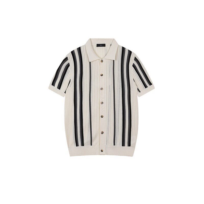 Polo camiseta de punto camiseta de manga corta hombre solapa rayas huecas viejas camisas de viento de verano hielo seda fábrica transfronteriza al por mayor