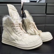 r新款秋冬2025高帮短靴男士真皮倒三角马毛纯白厚底增高休闲板鞋o