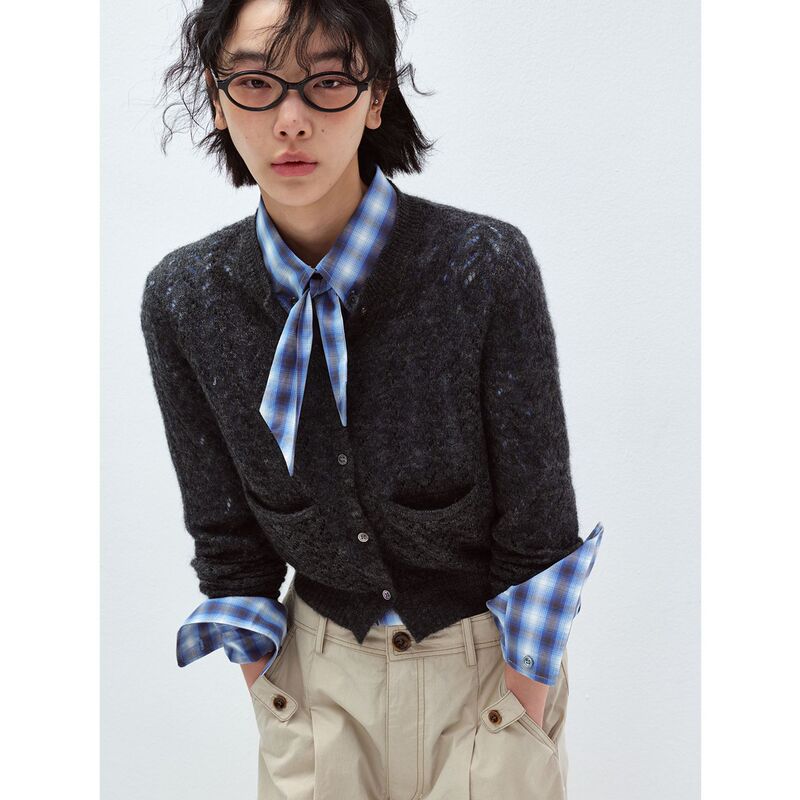 【Time Label Black】New Product: Jasmine Texture See-Through Multi-Layered Single-Breasted Cardigan Knitwear V60298