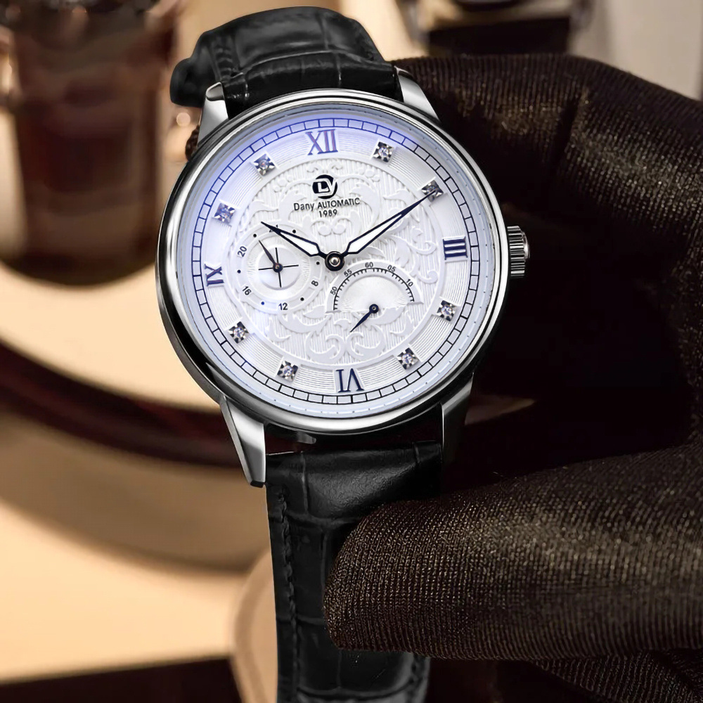 Relief Point Drill Fully Automatic Mechanical Simple White Versatile Men's Watch 24-Hour Small Second Dial 4 Hands_voghion.com