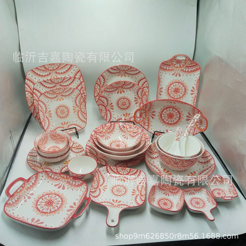 Retro Bohemian Ceramic Bowl Plate Rice Bowl Noodle Bowl Soup Bowl Disc Dish Fruit Plate Fish Plate Household Ceramic