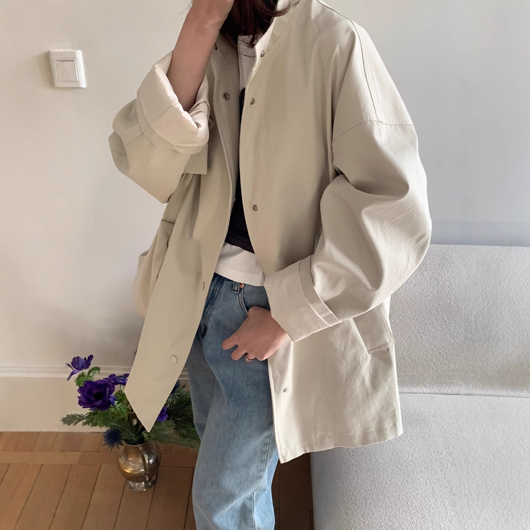 Korean-Style High-End Silhouette Stand-Collar Trench Coat for Women 2026 New Style Lazy Loose Coat (with Bag)