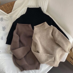South Korea Children's Baby Half High Collar Solid Color Base Shirt for Boys and Girls Spring and Autumn Pullover 2024 New Knitted Sweater