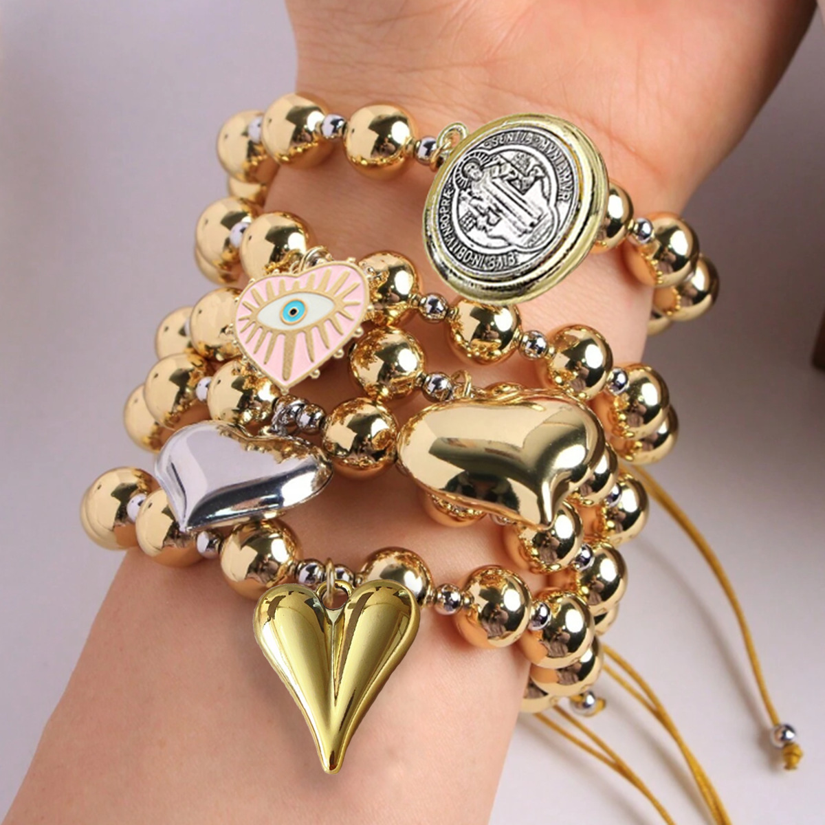 1 Piece Quantity IG Style Heart Shape Eye CCB Beaded Chain Beaded Bracelets Wholesale