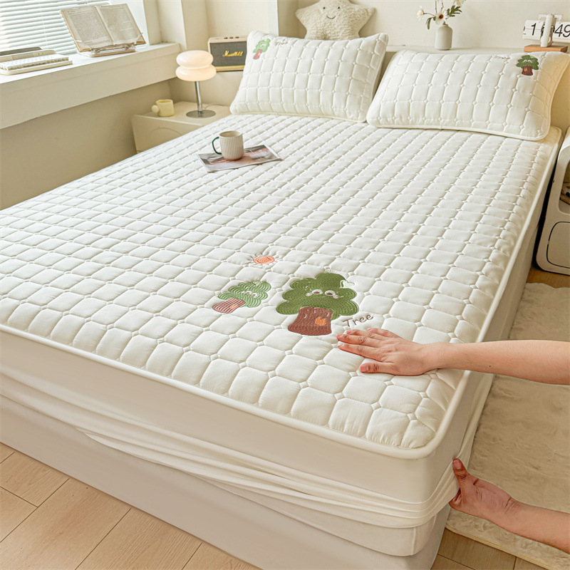 Fitted Sheet, Class A, All-Cotton Bed Cover, Cute Tree Cartoon Embroidery, Fitted Sheet Single Piece, Quilted Full-Cover Bed Cover, Mattress Protector