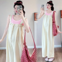 现货2025夏新款复古孕妇背带裤孕妇阔腿牛仔裤+孕妇背心两件套