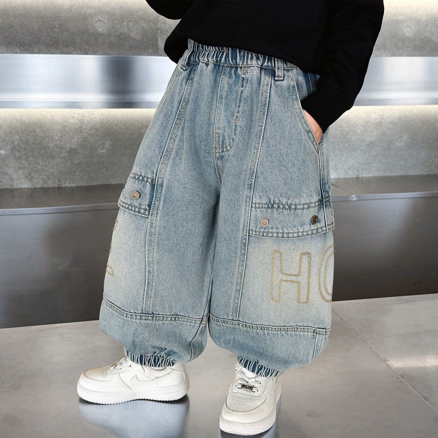 Hombres y niñas primavera y otoño jeans coreanos pantalones largos para niños pantalones largos largos
