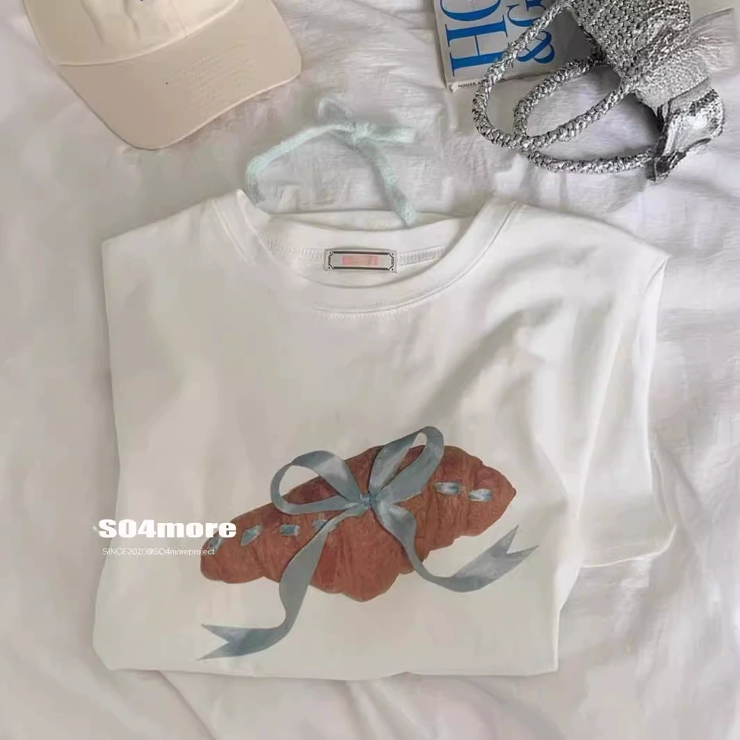 100% модный милый бант лента футболка с короткими рукавами женская свободная летняя тонкая дикая ленивая топ ins