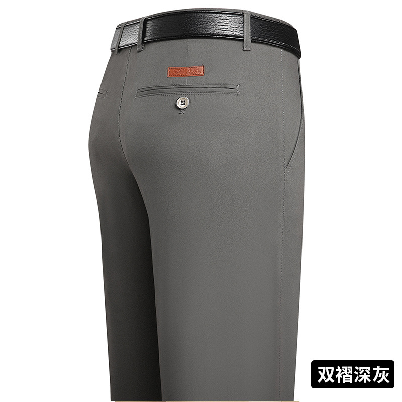 New Cotton Casual Pants Double Pleated Loose Straight High Waist Spring and Summer Thin Non-ironing Straight Pants for Middle-aged and Elderly Men