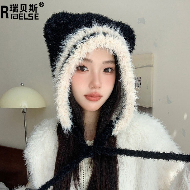 可爱小熊毛绒帽子女冬季s保暖护耳雷锋帽加厚防寒针织包头套头冷|undefined