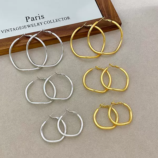Copper-plated real gold European and American cross-border exaggerated irregular plain hoop earrings for women, new high-end fashion earrings