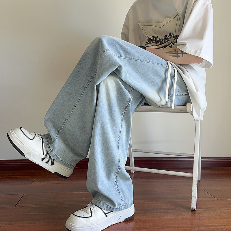 Light Blue Ice Silk Jeans Men's Summer Thin Loose Straight Men's Pants American Trendy Brand Tencel Wide-Leg Pants
