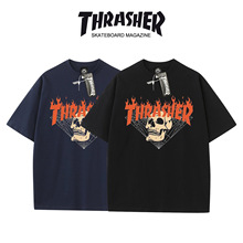 新款Thrasher火焰T恤短袖潮牌男女情侣跨境外贸休闲宽松骷髅头