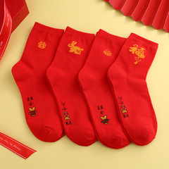 秋季新款大紅色本命年長筒襪 普通生肖兔印花休閒襪子 運動襪子