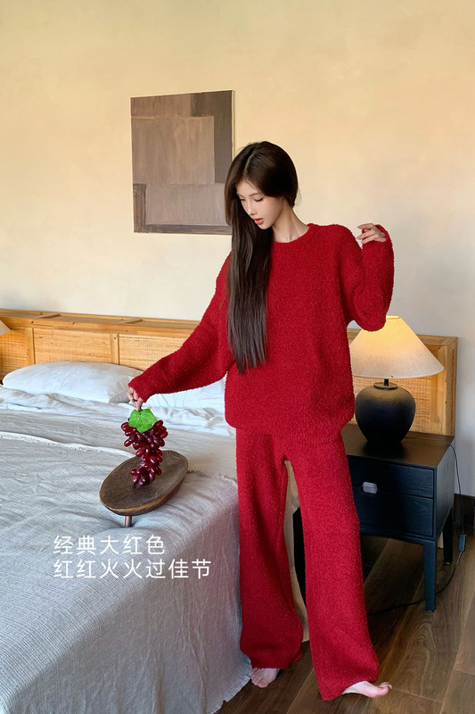 5613半边绒睡衣女冬季新款纯色甜美家居服舒适保暖弹力可外穿套装|undefined