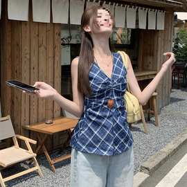 韩系复古拼接格子吊带上衣2025夏季新款设计修身显瘦百搭气质上衣