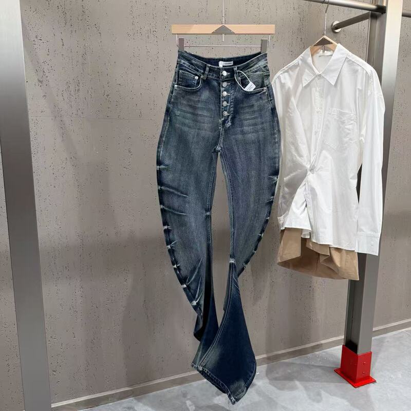 Cross-Border Wholesale 2026 American Retro Washed Ripple Stretch Spiral Scimitar Jeans for Hot Girls with Pleated Slimming Effect Cross-Border Wholesale 2026 American Retro Washed Ripple Stretch Spiral Scimitar Jeans for Hot Girls with Pleated Slimming Effect