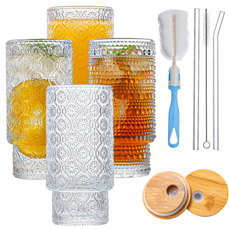 Tazas de té de vidrio al por mayor tazas de agua retro tazas de agua solar tazas de jugo de vidrio en relieve tazas de regalo tazas de plegado