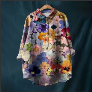 Real shot foreign trade new leisure printing Hawaii long sleeve cross-border women's long sleeve shirt cotton and linen plus size top