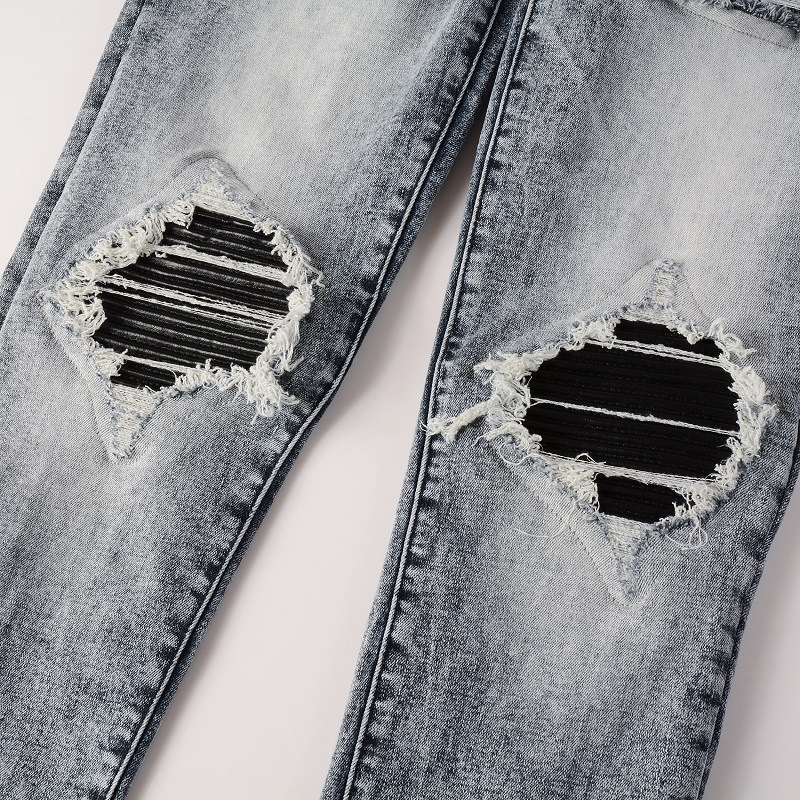 Vêtements pour hommes dans le même style moustaches de chat froissées patchwork noir trous en cuir élastique slim fit jeans skinny jeans_voghion.com