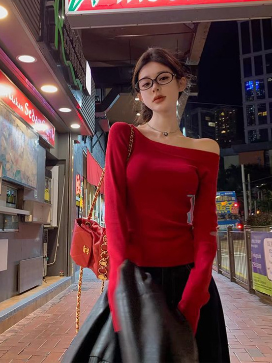灰色长袖斜肩针织打底衫女装春季内搭露肩毛衣chic甜辣妹修身上衣|undefined