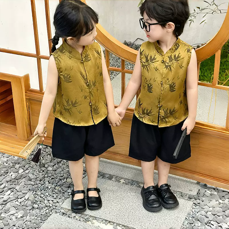 男童夏季国风唐装套装2025新款儿童汉服宝宝背心新中式马甲两件套