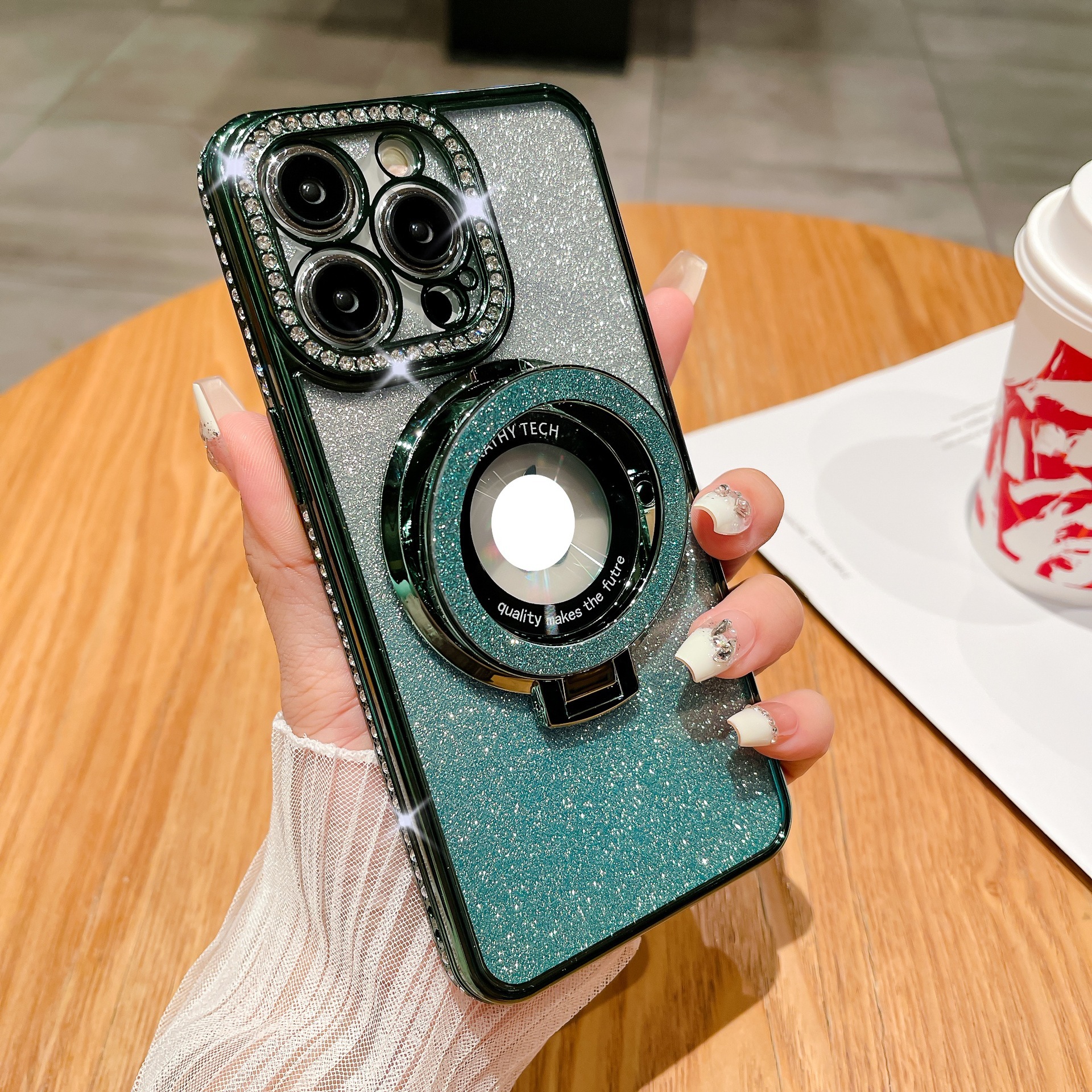 Soporte de succión magnética para iPhone17 caja de teléfono con brillo degradado 16Pro diamante de imitación galvanoplastia 13 funda protectora diamante