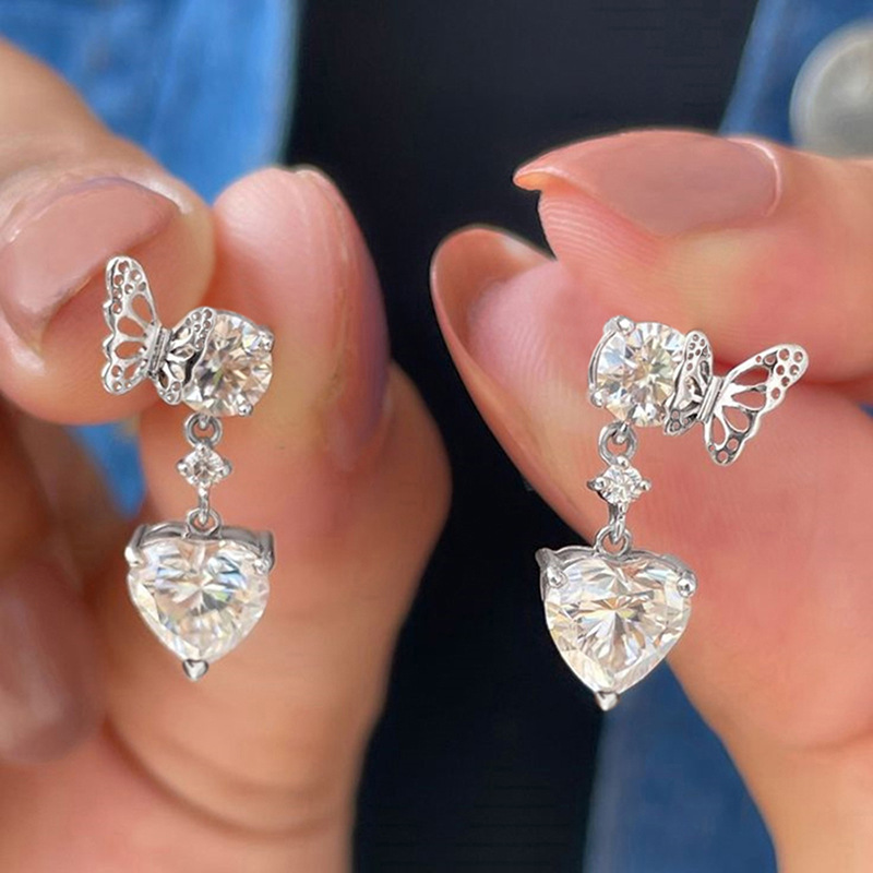 1 Pair Quantity 1 Pair Classic Style Heart Shape Butterfly Copper Zircon Drop Earrings