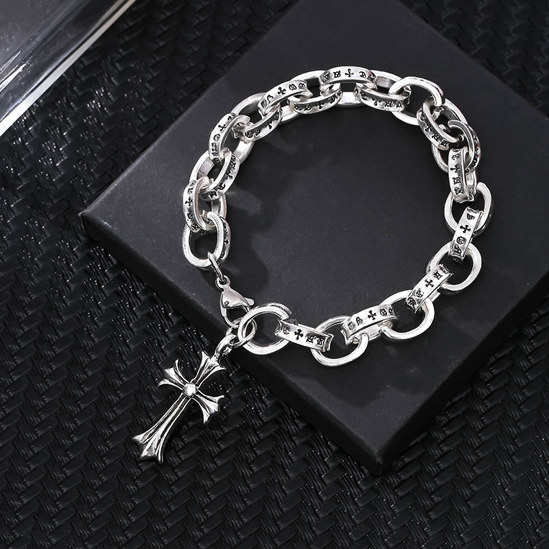 Vintage Silver Cross Alloy Bracelet Hip Hop Niche Design Vintage Color Distressed Thai Silver Dice Pendant Chain