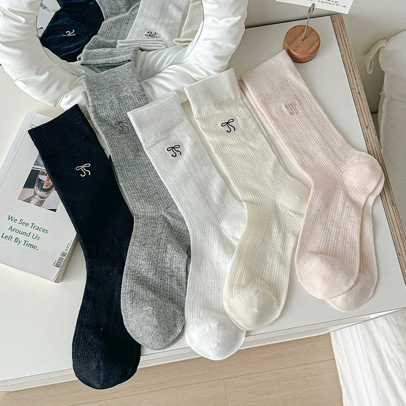 Summer thin breathable socks with bow, for teenagers, mid-length