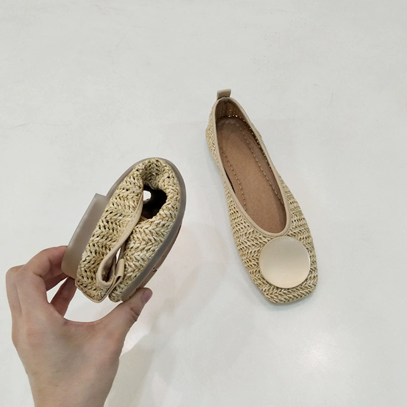 2025 весна и лето дышащие плетеные балетки с квадратным носком женские балетки с мелким вырезом мягкая подошва бабушкины туфли ретро стиль круглая пряжка универсальные