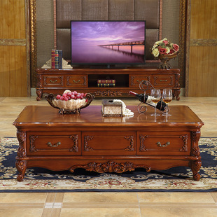European-style marble solid wood tea table TV cabinet combination French carved living room furniture rectangular tea table floor cabinet