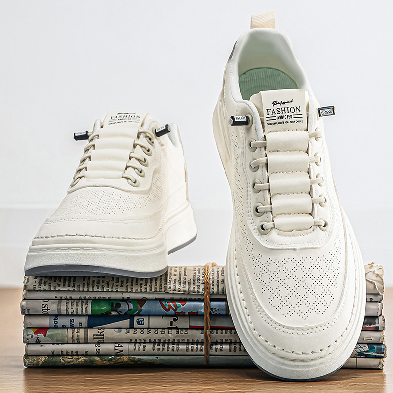 Men's Shoes, New Summer Style, Breathable Leather White Shoes, Men's Trendy Versatile Thick-Soled Sports Shoes, Casual Sneakers, Trendy Shoes