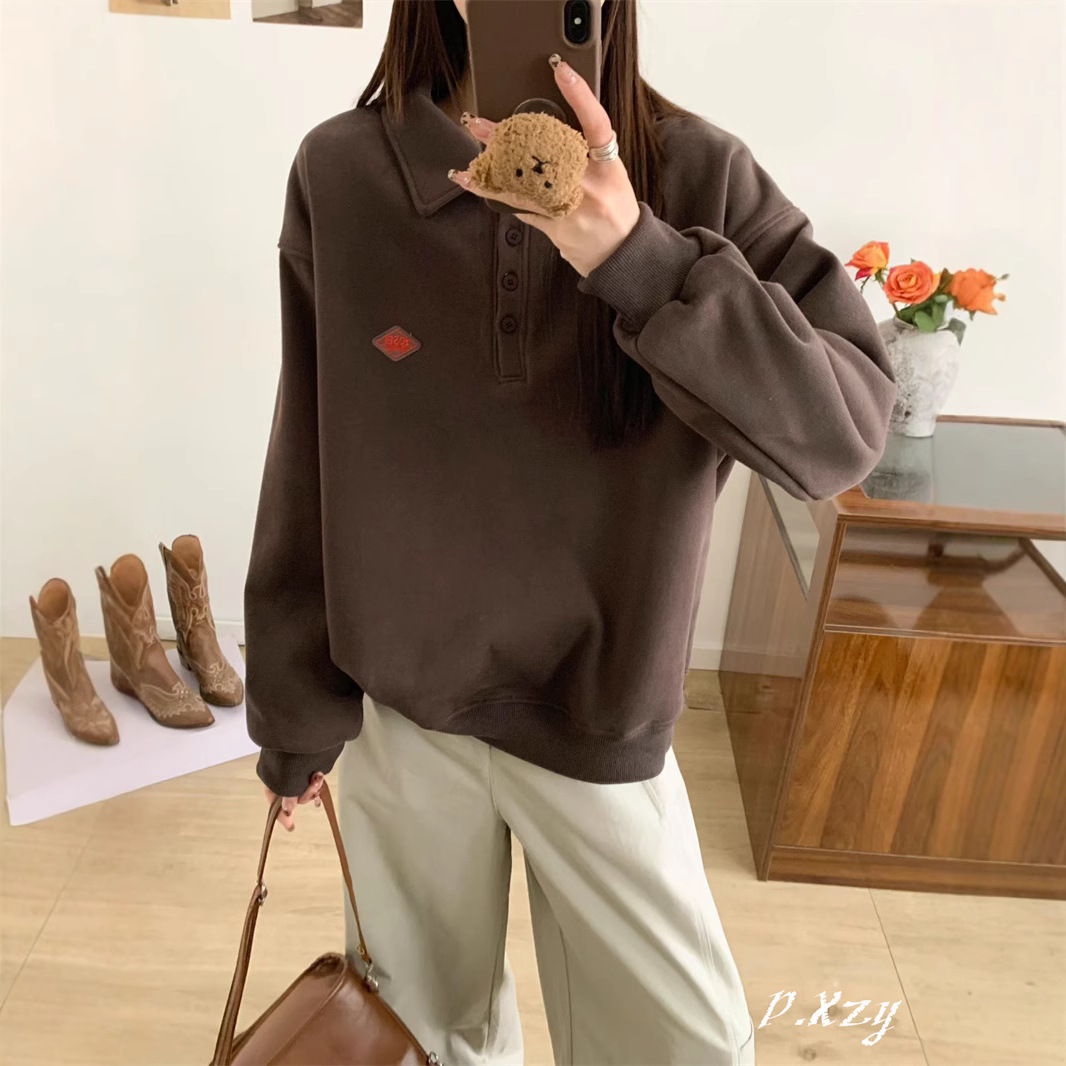 PO 冬装新款韩版加绒加厚女式翻领卫衣简约字母刺绣纯色宽松绒衫