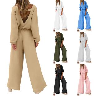 2024 autumn and winter new European and American cross-border fashion sports leisure long sleeve solid color backless sweater jumpsuit suit women