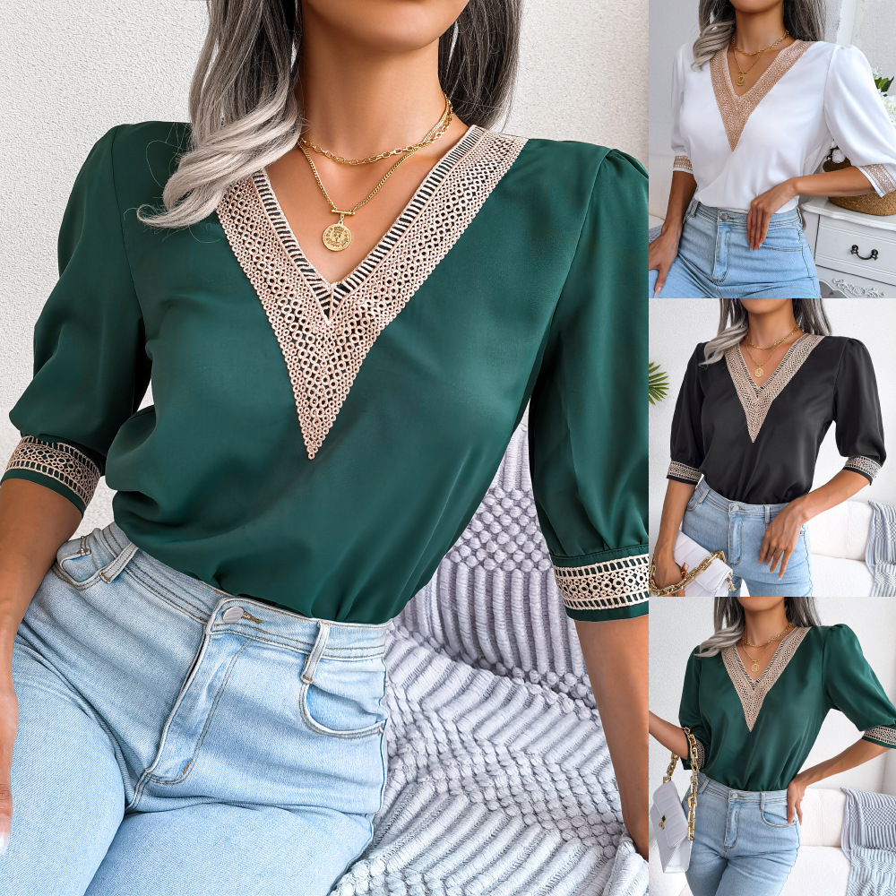 Damen Chiffonbluse Mit V-ausschnitt Und Spitze Für Den Sommer_voghion.com
