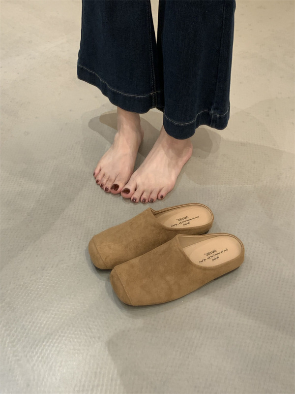 春夏2025新款麂皮穆勒鞋凉拖鞋女尖头绒面低跟单鞋简约包头半拖鞋|undefined
