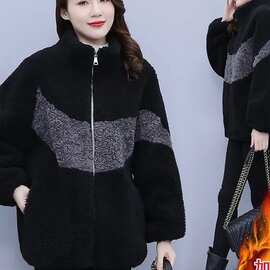 秋冬季时尚羊羔绒外套新款皮毛一体拼色颗粒绒大衣女宽松大码女装