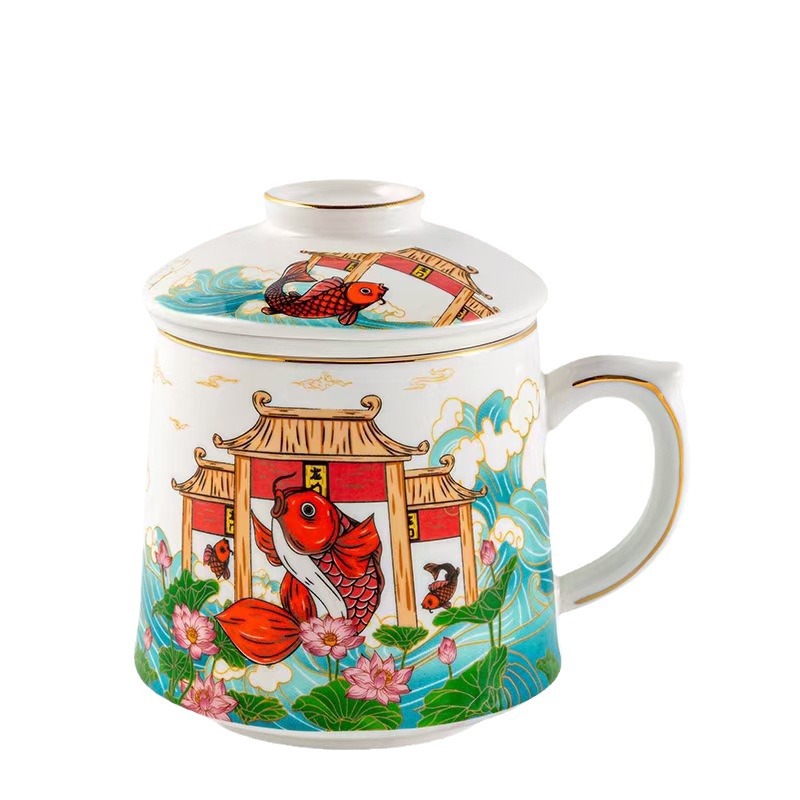 Personalidad creativa taza de la Oficina de estilo chino con tapa de té Taza de cerámica de regalo de fugas de Año Nuevo taza de beber de alta apariencia