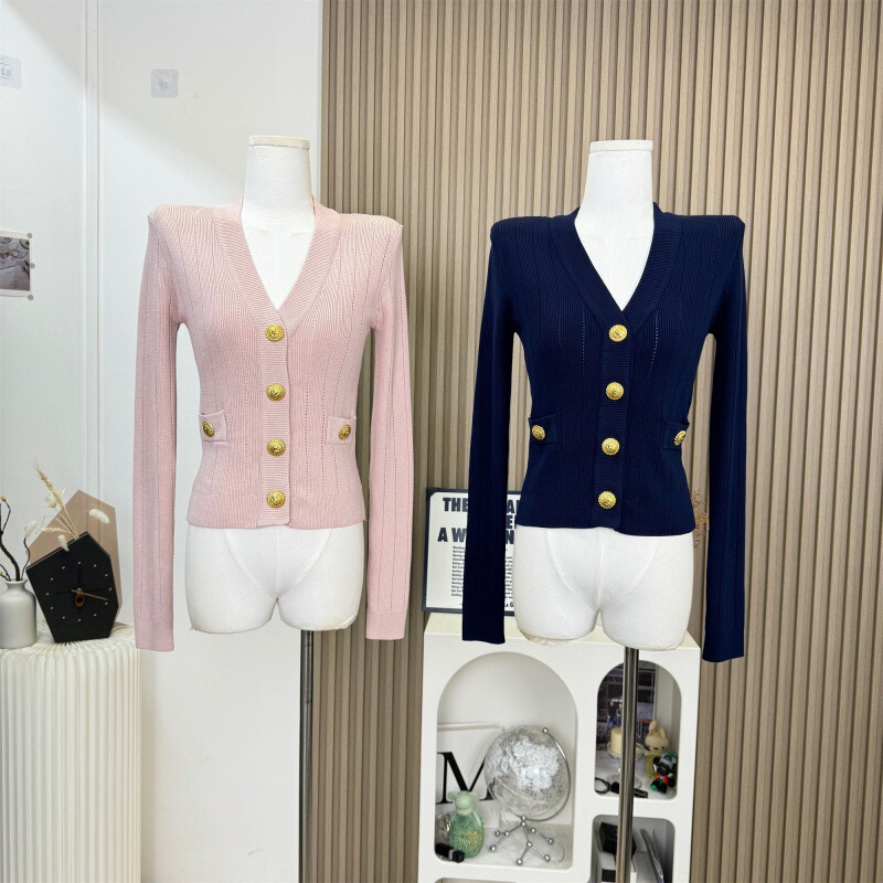 in stock Slim 43 Ice Sling Classic Gold Buckle V-Neck Thin Shoulder Pad Knitted Cardigan Women's Summer Light Long Sleeve