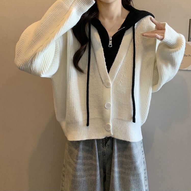大码假两件短款连帽毛衣外套女秋冬胖mm显瘦遮肚子针织衫开衫上衣|undefined