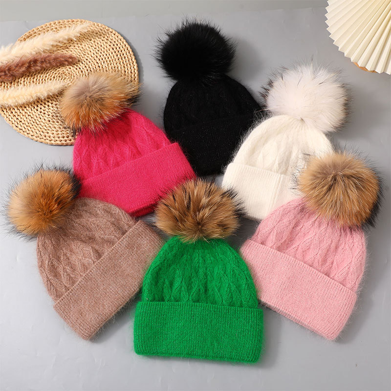 Nuevo Gorro de lana con pelo de conejo Angora tejido para mujer, giros de masa frita para invierno, gorro de lana con brida de doble capa, Bola de pelo de perro mapache,_voghion.com